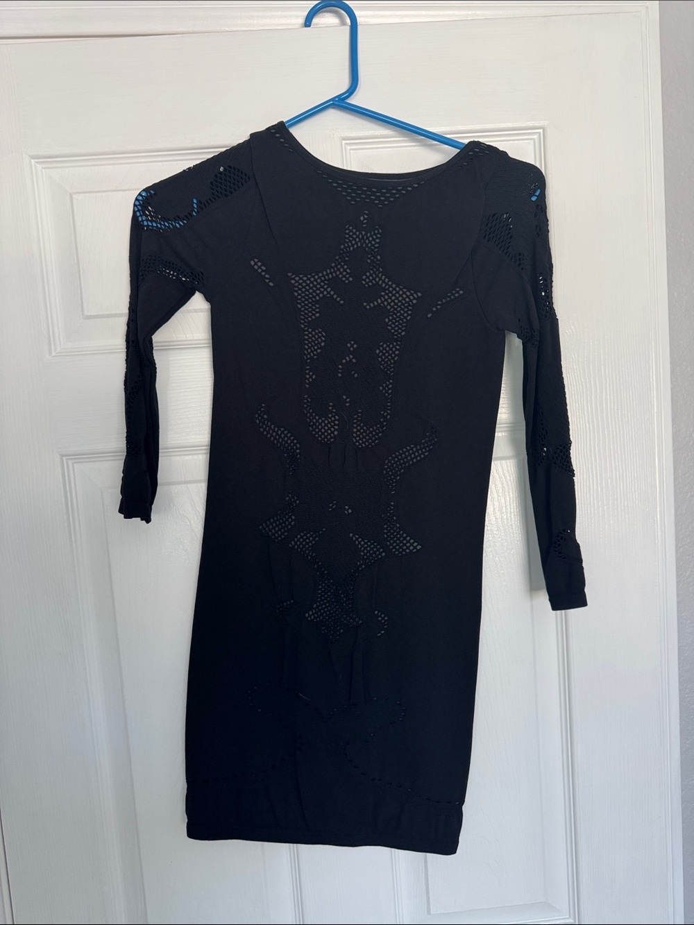Black Long-Sleeve Mini Dress with Laser-Cut Detail